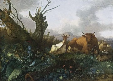 牛 雄牛 Painting - ウィレム・ローメイン 牧草地の牛ヤギと羊